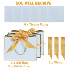 LYINUR 3Pcs Gift Bags for Presents, Medium Gift Bags with 6 Wrappers, White - Gold Valentines Gift Bag Birthday Wedding Bridesmaid Gift Bag for Her Party Bags for Him, 28 x 20 x 10 cm