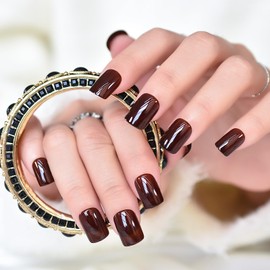 iMABC Press on Nails - Dark Brown Gel Fake Nail | Medium Square Glossy Soft Solid False Nails | Glue Acrylic Decoration Manicure Gift for Girls Women Dating 24Pcs