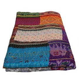 Indian Patchwork Kantha Quilt,Throw Handmade Silk Patola Kantha Bed Cover,King Size Reversible Bedding Bedspread,Vintage Hand Stitch Gudri, Decorative Beach Blanket (Multi, Twin 60" x 90")