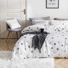 SUSYBAO Polka Dots Duvet Cover Queen 100% Cotton 3 Pieces Set 1 White Geometric Duvet Cover with Zipper Ties 2 Pillowcases Modern Grey Circle Print Bedding Set Soft