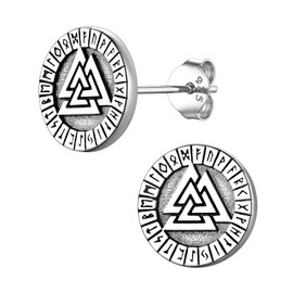 Suplight 925 Sterling Silver Valknut Viking Rune Stud Earrings Flat Back Stud Earrings for Women Men