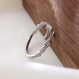 Double Crystal Lightning Bolt Stacking Open Ring for Women Girls 925 Sterling Silver CZ Thunder Waved Adjustable Wrap Knuckle Finger Bands Dainty Statement Rings Comfort Fit Jewelry Gifts (Silvery)
