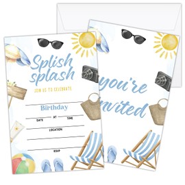 ZEDEV Splish Splash Pool Party Invitations, Summer Swimming Birthday Invites with Envelopes for Girls Boys, 20 Double-Sided Fill in Style Birthday Invitations Hawaiian Beach Party Favor Supplies -03