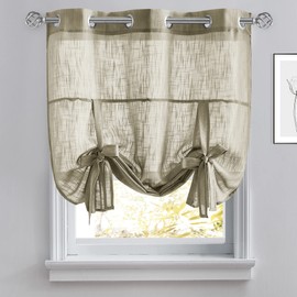 PONY DANCE Kitchen Window Curtains - Short Curtains for Small Window Tie Up Shade Linen Look Semi Sheer Decoration for Bathroom/Bedroom, 42" x 45", Taupe, 1 PC