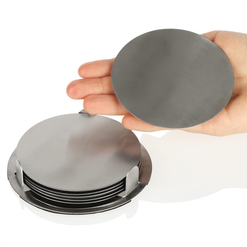 com-four® 7 Piece Coasters Set with Holder - Stainless Steel