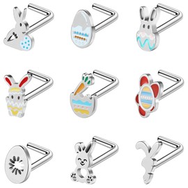 BodyAce 20G Easter Nose Studs Nostril Rings, Stainless Steel Nose Rings l Shaped Nostril Stud, Corkscrew Nose Piercings Jewelry in Cute Easter Eggs Bunny [L-Shaped;]