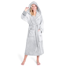 CityComfort Ladies Dressing Gown Fluffy Super Soft Hooded Bathrobe for Women Plush Fleece Perfect Loungewear Long Robe (M, Two Tone Grey)