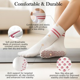 American Trends Cute Pilates Socks for Women Striped Yoga Non Slip Gripped Socks for Gym Workout, 3 Colors 4 Bow, One Size