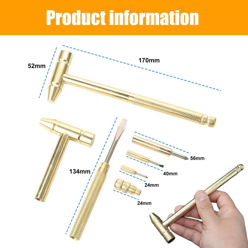 Hammer Mallet, 6-in-1 Miniature Copper Tool with Stainless Steel Handle,