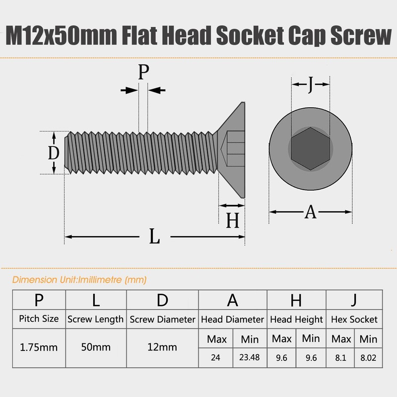 M12 Screws,M12x50mm Flat Head Socket Cap Screws, M12-1.75x50mm Countersunk Head