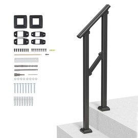 VEVOR Handrails for Outdoor Steps, 1-2 Step Stair Hand Rail Kit, Transitional Carbon Steel Railings with Installation Kit, Stair Rails for Seniors, Concrete Steps & Porch & Deck, Black Square Tube