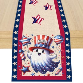 4th of July Independence Memorial Day Ghost Pattern Table Runner for Holiday Kitchen Home Dining Table Independence Day Party Decorations 13x72 Inch