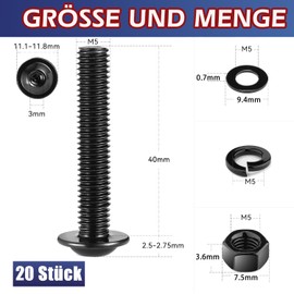 Pack of 20 M5 x 40 Screws, Pan Head Screws Nuts and Washers Assortment Kit, Stainless Steel A2 V2A, Hexagon Socket, Full Thread, Black Oxide