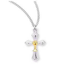 Two-Tone Sterling Silver Cross with a Chalice | 1.0" x 0.6" (26mm x 16mm) | Made in USA | Deluxe Velvet Gift Box | 18" Rhodium Plated Curb Chain | .925 Sterling Silver | First Holy Communion Gift