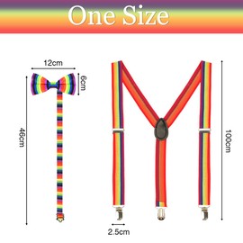 Cadimus Rainbow Bow Tie Braces Set, Y Shape Braces with Metal Clips, Unisex, Adjustable Bow Tie and Braces, Rainbow Costume Accessories for Carnival Theme Party, multicoloured