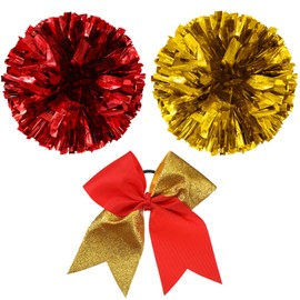 Set of 3 12 Inch Cheerleading Pom Poms and Large Cheerleader Ponytail Bow Holder for Girl Large Metallic Cheerleader Pom Poms for Sports Team Cheering (Red and Gold)