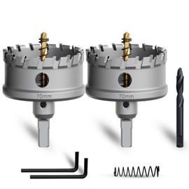 METOTY 2 x 70 mm hole saw metal, carbide hole saw, carbide drill bit, with an additional nitrided step guide drill and L-wrench, for steel, iron, aluminium, metal