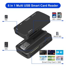 6-in-1 USB Smart Card Reader SIM Card Reader ISO7816 Contact Smart Card Reader Health Card Reader Driver Card Reader Support SD MMC UHS-I Micro SD MS SIM M2 Smart Cards