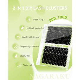 NAGARAKU Lash Clusters, DIY Cluster Lashes Individual Lashes Cluster Eyelash Extensions Clusters Volume False Eyelash Thin Band Cluster for DIY Lash Extension Beginner 280pcs (80D&100D, 0.07D, 9-15mm)