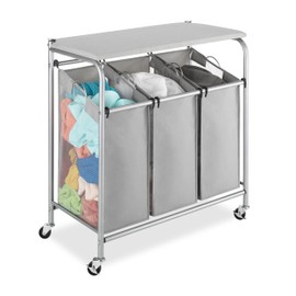 Whitmor 3 Section Rolling Laundry Sorter with Folding Station - Ironing Board, Chrome / Gray