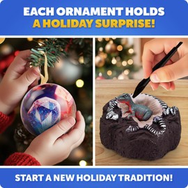 Blue Marble Science Surprise Christmas Ornament Dig Kits – 4 Ornaments with Mini Gemstone and Dinosaur Dig Bricks, Includes Digging Tools and Learning Guide