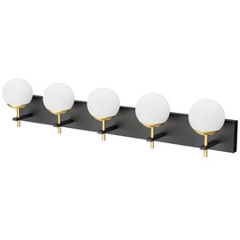 Ralbay Mid Century Modern Vanity Lights - 5-Light Milky Glass Globe Modern Bathroom Vanity Lights Over Long Mirror, Black/Golden Bathroom Wall Light Fixture