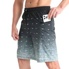 zeetoo Mens Swim Trunks with Compression Liner 9" Inseam Quick Dry Swim Shorts with Zipper Pockets Bathing Suit Gradient-Fish-Black L