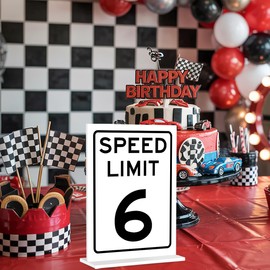 Race Car Birthday Decor, Speed Limit 6 Sign, Fast One, Race Car Birthday Party Decorations, 6×8 Acrylic Sign with Stand, Let's Go Racing Party Supplies for Boy Race Fans decorativesignage 0746