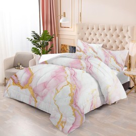 EDGZKO Comforter Set Pink Marble: Full Size Bedding Sets for Girls Teens Kids Women Luxury Gold Glitter Abstract Marbling Pastel Bed Set 1 Comforter & 2 Pillowcases