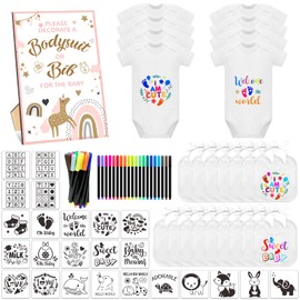 SytuHete 69 Pcs Baby Bib Bodysuit Set - Baby Shower Game Sign & Feeder Bib - Newborn Bodysuit Fabric Marker
