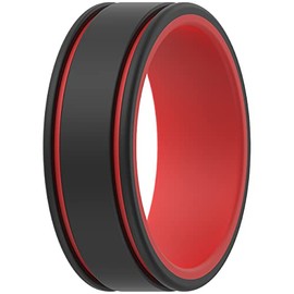 ThunderFit Men Silicone Wedding Ring 2 Layer Rings Wedding Bands - 1 Ring (Black-Red, 7.5 - 8 (18.2mm)