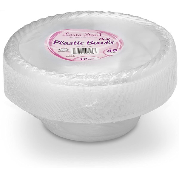 Laura Stein Crystal Clear Disposable Bowls (40 Count, 12 Oz Bowls) | Premium Soup Sized Plastic Party Bowls | Heavy Duty Plastic Bowls For Weddings, Events & Parties (1 Pack x 40 Bowls)