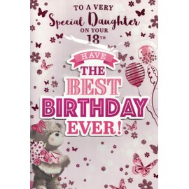 Daughter's 18th Birthday Card, Large Format 30.5 x 20.3 cm, Pink Butterfly Design with Teddy Bear