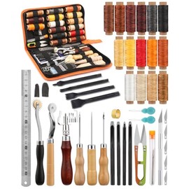 BUTUZE BUTUZE Leather Working Tools, Practical Leather Craft Kit with Waxed Thread Groover Awl Stitching Punch Hole for Leathercraft Beginner or Adults Gifts - Comes with Tool Manual
