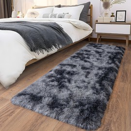 Ailyei Ultra Soft Runner Rugs for Bedroom Hallways with Upgraded Non-Slip Rubber Backing & Thick Memory Sponge, 2x8 Feet Fluffy Shag Throw Area Rug for Bedside Dorm Tie-dye Dark Grey
