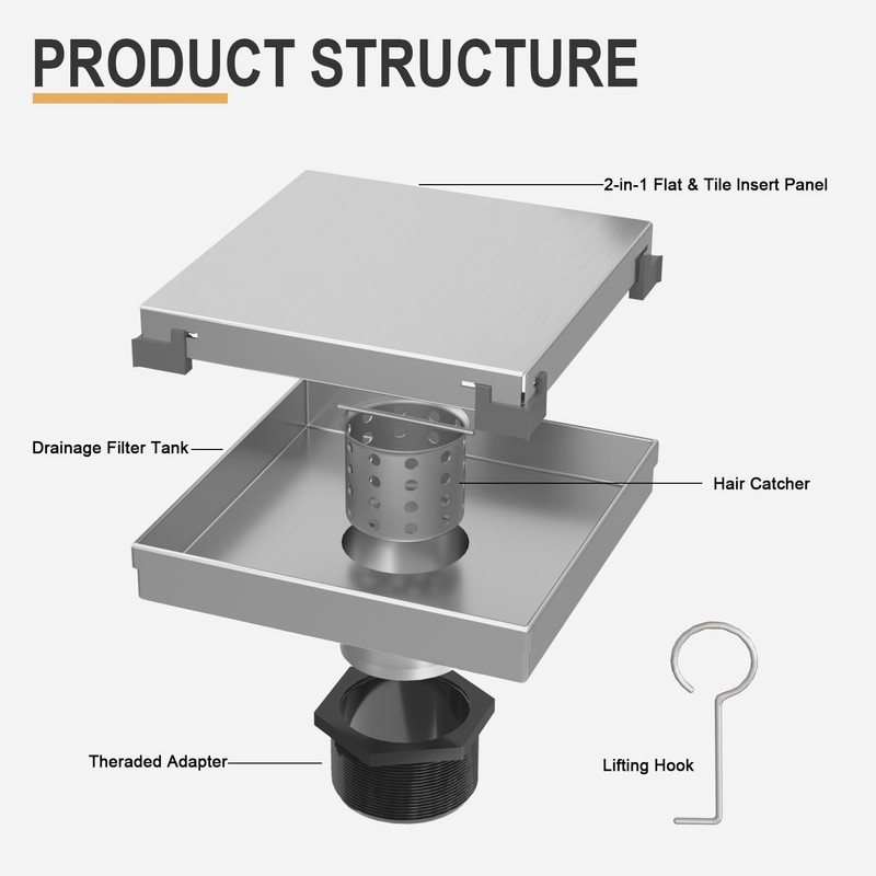 EBYTE Square Shower Drain, 6 Inch Brushed Nickel 304 Stainless