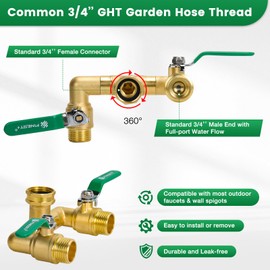 2 Way Brass Garden Hose Splitter Heavy Duty, 360° Rotatable Y Valve, Full Flow Large Ball Valve, 304 Stainless Steel Long Handle, 3/4" GHT Thread for Outdoor Faucet Lawn Irrigation Car Wash