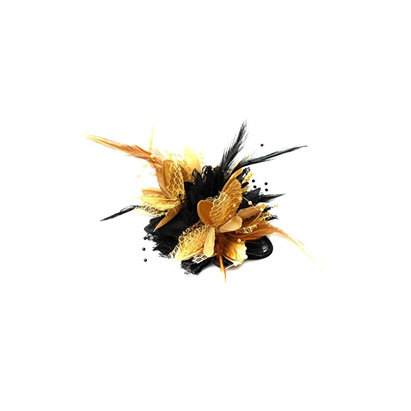 Caprilite Gold and Black Fascinator Corsage Wedding Prom Feathers
