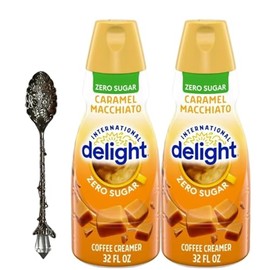 Candy Freezer International-Delight Liquid Coffee Creamer - Pack of Two (2) 32 fl oz Bottles of Creamy Smooth Delightful Coffee Creamer with Gem Spoon (Zero Sugar Caramel Macchiato) Gem Spoon