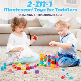 Montessori Beads Sequencing Toy Set, Wooden Stacking Blocks and Lacing Beads Matching Shape Stacker for 3+ Year Old STEM, Preschool Learning Montessori Toys Gifts for Kids Boy Girl