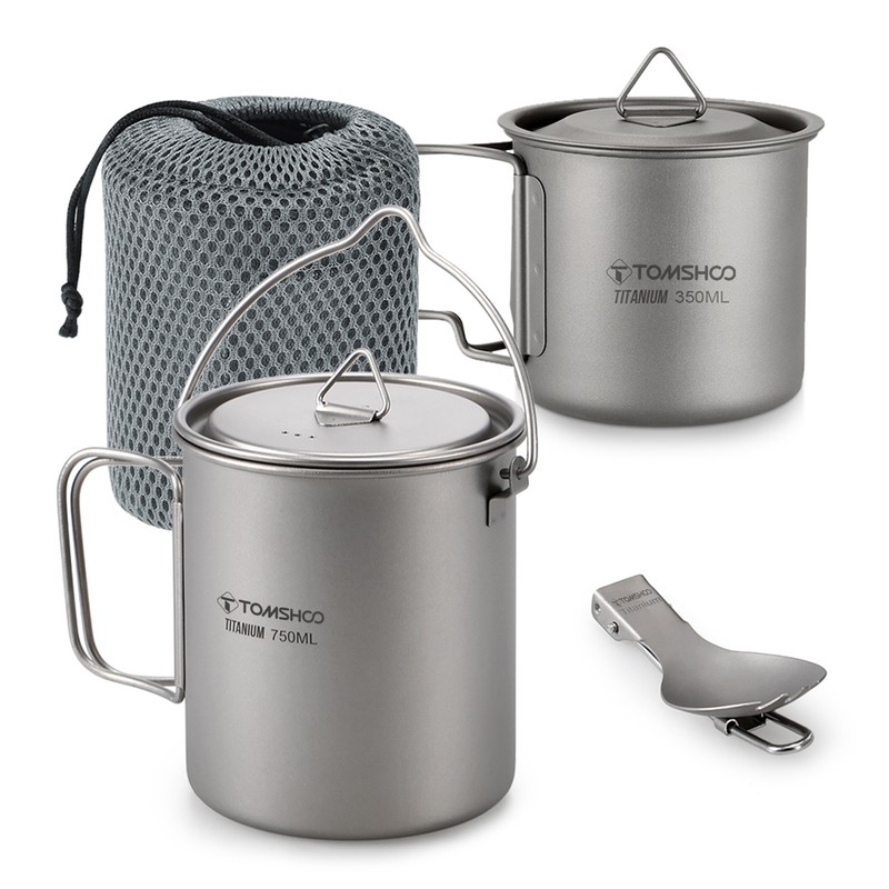 TOMSHOO Lightweight Titanium 3 Pieces Set Titanium 750ml Pot 350ml