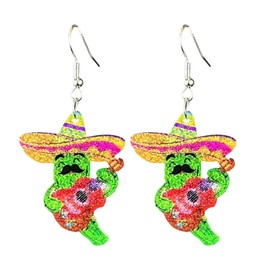 Colorful Mexican Cinco De Mayo Letter Chill Cactus Shape Resin Dangle Earrings for Women Jewelry (C)