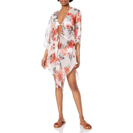 RACHEL Rachel Roy Women's Standard Flutter Hem Drawstring Waist Kimono Style Swim Coverup, White, S