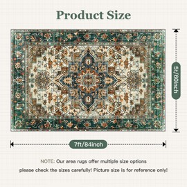 BAHIWOM 5x7 Washable Non-Slip Area Rug - Boho Vintage Faux Wool Carpet, Ultra Thin Low Pile Indoor Mat for Living Room Bedroom Entryway, Red Blue