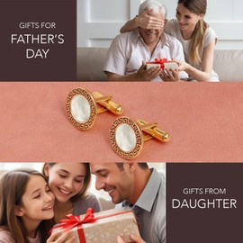 LeCalla Men's Cuff Links 925 Sterling Silver | 14K Gold-Plated Mens Jewelry | Round Mother of Pearl Greek Key Cufflink for Suit Shirt Accessories for Men Dad Father Grand-Father