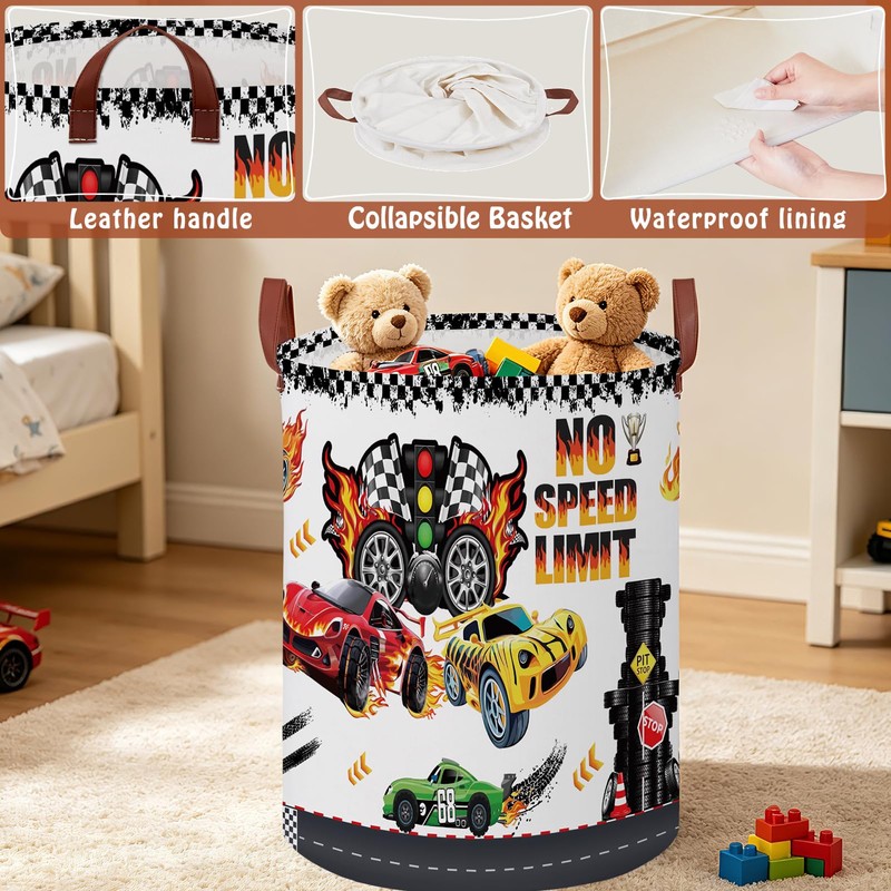 Race Car Round Waterproof laundry basket,Fire Decor for Boys Room,Kids