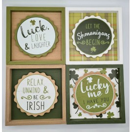 Young's Inc Shamrock Lucky Clover Irish Sign Wood Set of 4  6"x6" St. Patrick's Day Decor