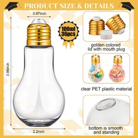 Tioncy 108 Pcs/36 Sets 2025 Graduation Party Favor for Guest Plastic Light Bulb Jars Set Graduation Candy Jar Money Holder Bulk with Stickers Tassels Crafts Grad Bulb Container(Gold)
