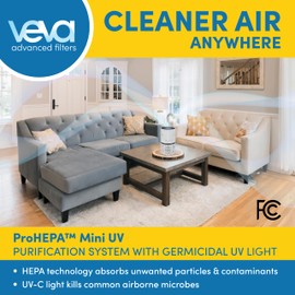 Veva White Circular Air Purifier, Compact and Modern with UV-C Light, HEPA Filter, 3 Speed Settings, Soft Light, 220 sqft coverage