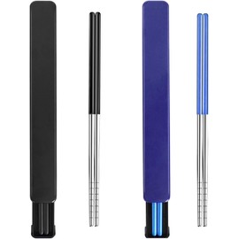 Portable & Reusable Chopsticks Stainless Steel Chopsticks with Case for School,Camping,Travel, Bento Box, 9 Inches in Length, Alternative to Wooden (Black+Blue)